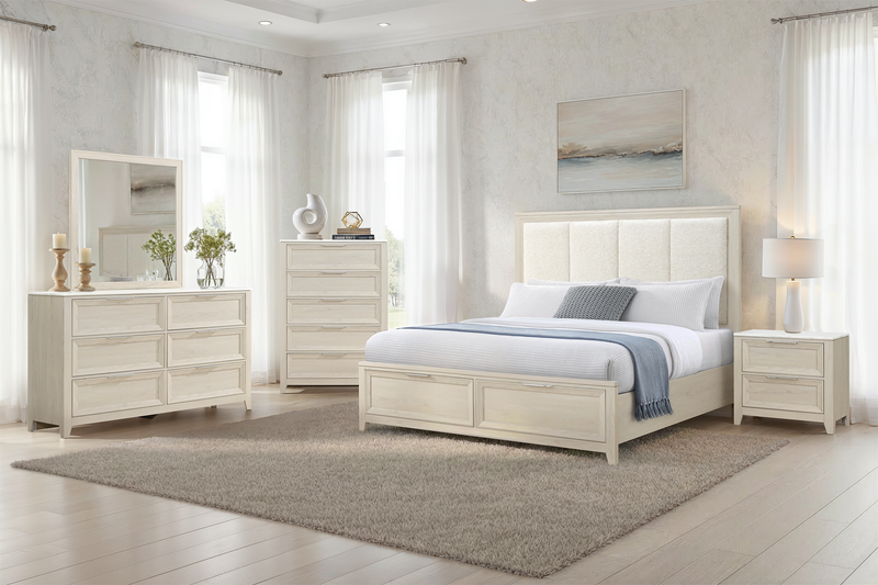 Elana 6pc Bedroom Set with Storage Bed, Dresser, Mirror & Nightstand, Beige – King Size