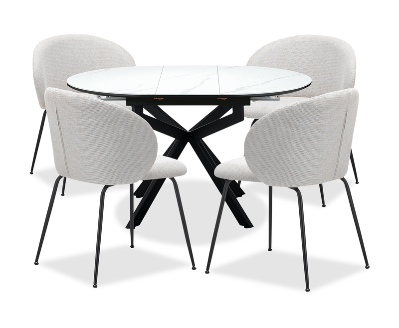 Evita 5pc Dining Set, Table & 4 Beige Chairs, Sintered Stone, 41-54\"W Extension - Grey/Black