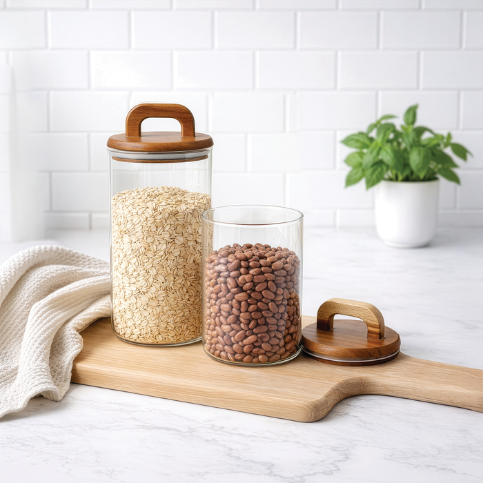 Glass 2-Piece Storage Set with Acacia Wood Lids