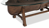 Hatfield 52” Eclectic Coffee Table with Glass Top and Canoe-Base – Dark Oak | Table à café éclectique Hatfield de 52 po avec dessus en verre et base de style canoë - chêne foncé