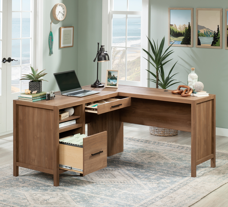 Martin 58.43\" L-Shaped Office Desk with 2 Drawers – Saddle Walnut
