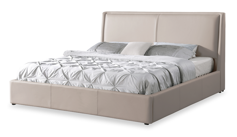 Nico Upholstered Storage Platform Bed in Vegan Leather Taupe Fabric, Hyrdraulic Lift  - King Size