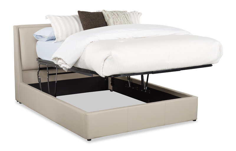 Nico Upholstered Storage Platform Bed in Vegan Leather Taupe Fabric, Hyrdraulic Lift  - Queen Size