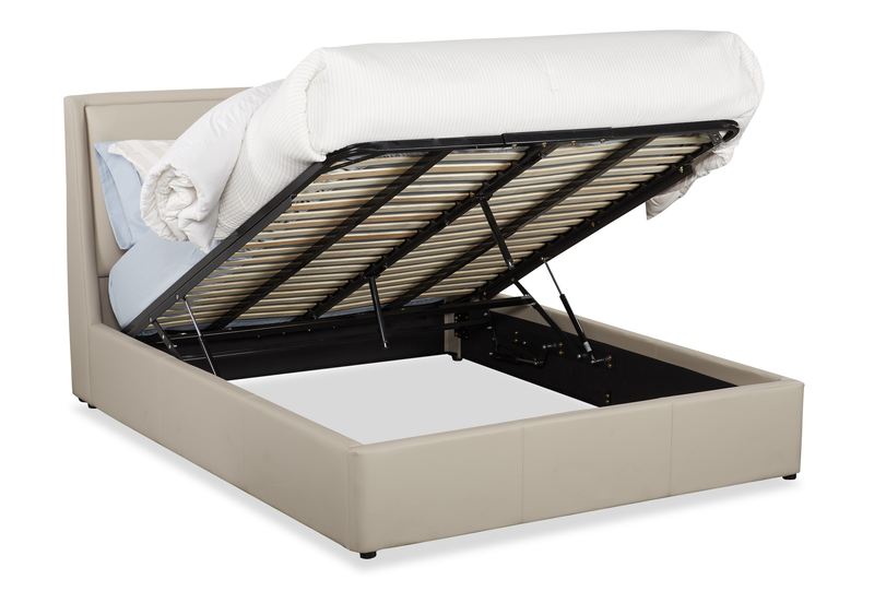 Nico Upholstered Storage Platform Bed in Vegan Leather Taupe Fabric, Hyrdraulic Lift  - Queen Size