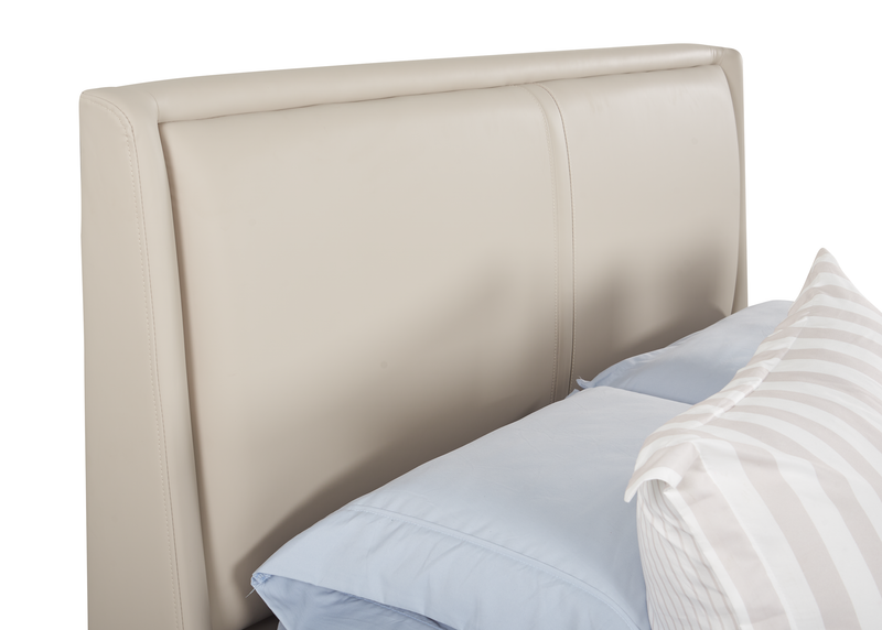 Nico Upholstered Storage Platform Bed in Vegan Leather Taupe Fabric, Hyrdraulic Lift  - Queen Size