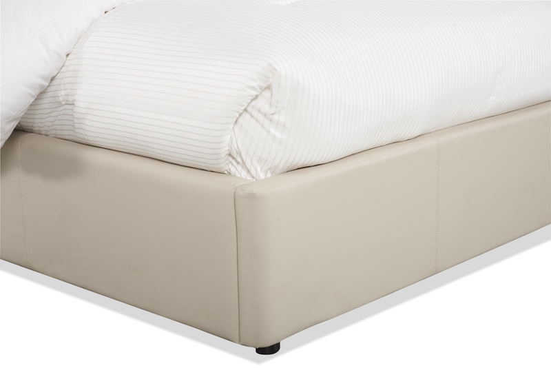 Nico Upholstered Storage Platform Bed in Vegan Leather Taupe Fabric, Hyrdraulic Lift  - Queen Size