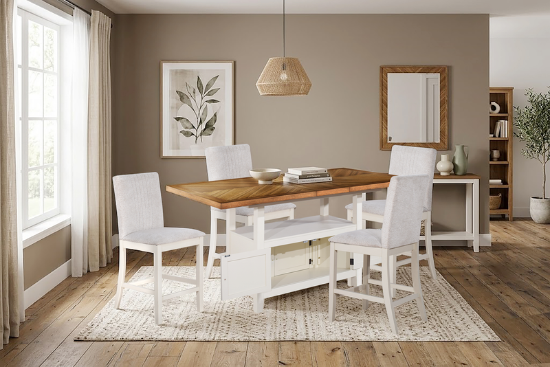 Piper 5pc Counter-Height Dining Set with Table & 4 Chairs, 60-72\" Extension, Storage – White