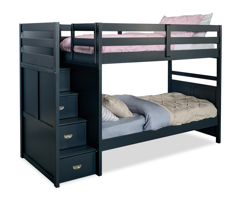 Quinn Bunk Bed with Built-in Staircase Dresser & Guard Rail for Kids, Blue - Twin/Twin