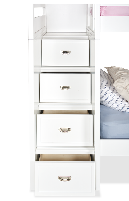 Quinn Bunk Bed with Built-in Staircase Dresser & Guard Rail for Kids, White - Twin/Twin