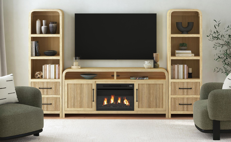 Ridgemont 70” Electric Fireplace TV Stand with Cable Management for TVs up to 80” – Natural Pine