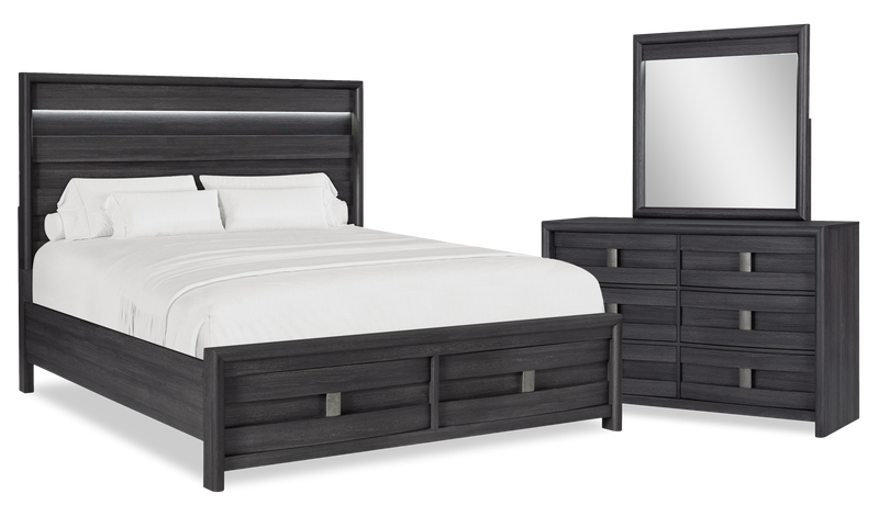 Rocco 5pc Bedroom Set with LED Lit Storage Bed, Dresser & Mirror, Dark Grey - King Size
