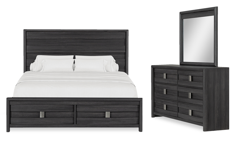 Rocco 5pc Bedroom Set with LED Lit Storage Bed, Dresser & Mirror, Dark Grey - King Size