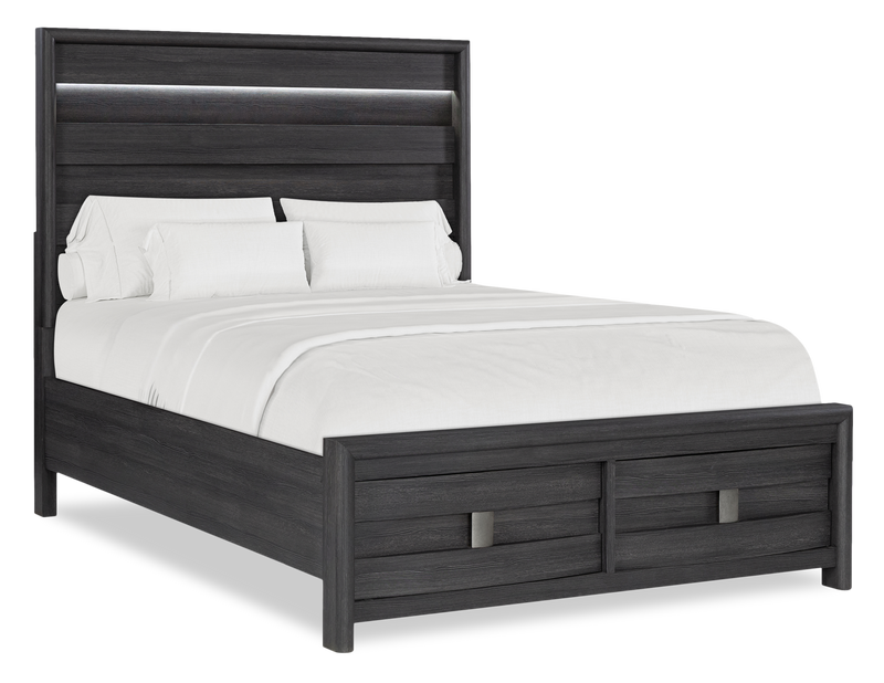 Rocco Storage Bed with 2 Built-In Footboard Drawers & LED Lit Headboard, Dark Grey - Queen Size 