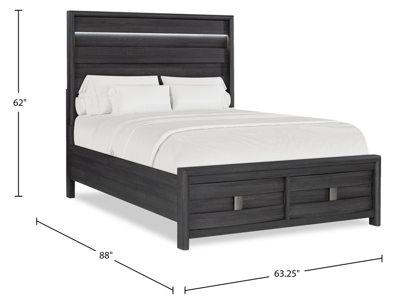 Rocco Storage Bed with 2 Built-In Footboard Drawers & LED Lit Headboard, Dark Grey - Queen Size 