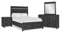 Rocco 6pc Bedroom Set, LED Storage Bed, Dresser, Mirror & Nightstand, Dark Grey - Queen Size 