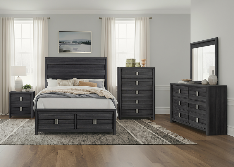 Rocco 6pc Bedroom Set, LED Storage Bed, Dresser, Mirror & Nightstand, Dark Grey - Queen Size