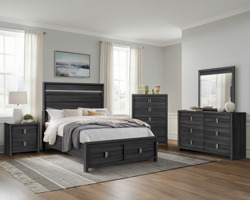 Rocco 6pc Bedroom Set, LED Storage Bed, Dresser, Mirror & Nightstand, Dark Grey - Queen Size