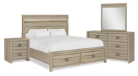 Rocco 6pc Bedroom Set, LED Storage Bed, Dresser, Mirror & Nightstand, Light Brown - King Size 