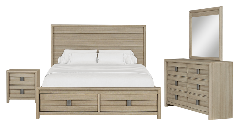 Rocco 6pc Bedroom Set, LED Storage Bed, Dresser, Mirror & Nightstand, Light Brown - King Size