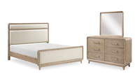 Sasha 5pc Bedroom Set with Fabric Bed, Dresser & Mirror, Natural Oak Brown - Queen Size