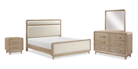 Sasha 6pc Bedroom Set with Fabric Bed, Dresser, Mirror & Nightstand, Natural Oak Brown - Queen Size 