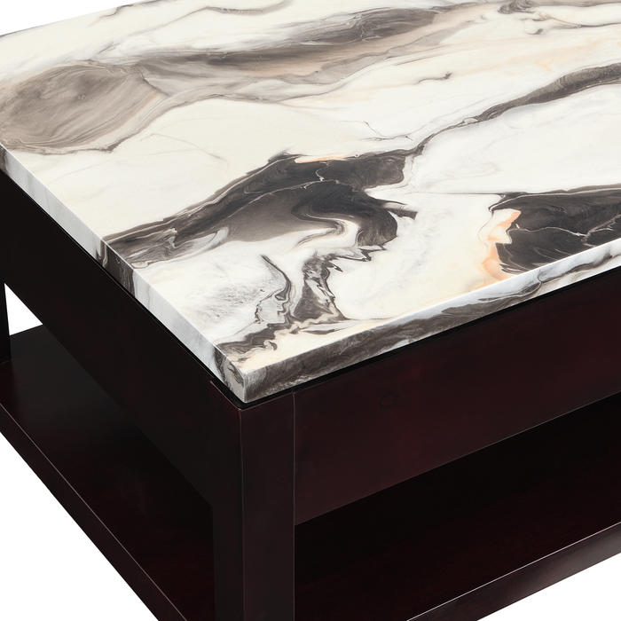 Sicily 48” Traditional Lift-Top Coffee Table with Storage and Casters – Dark Brown Base with Cream Marble Look Top
