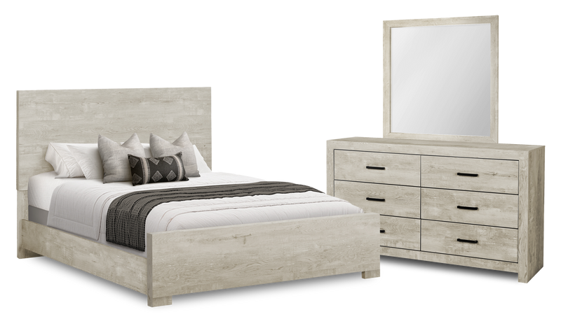 Soren 5pc Bedroom Set with Panel Bed, Dresser & Mirror, Bleached Oak - Queen Size