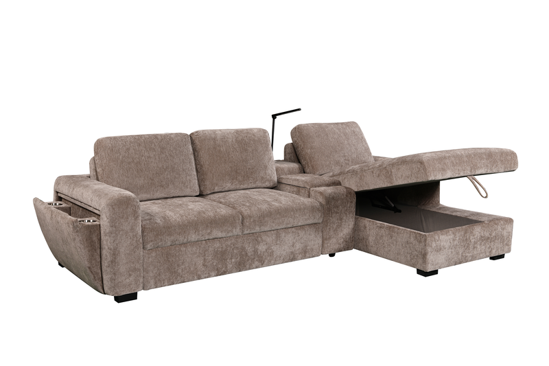 Sunset Linen-Look Fabric Right-Facing Sleeper Sectional with Storage and Built-In LED Lighting – Taupe