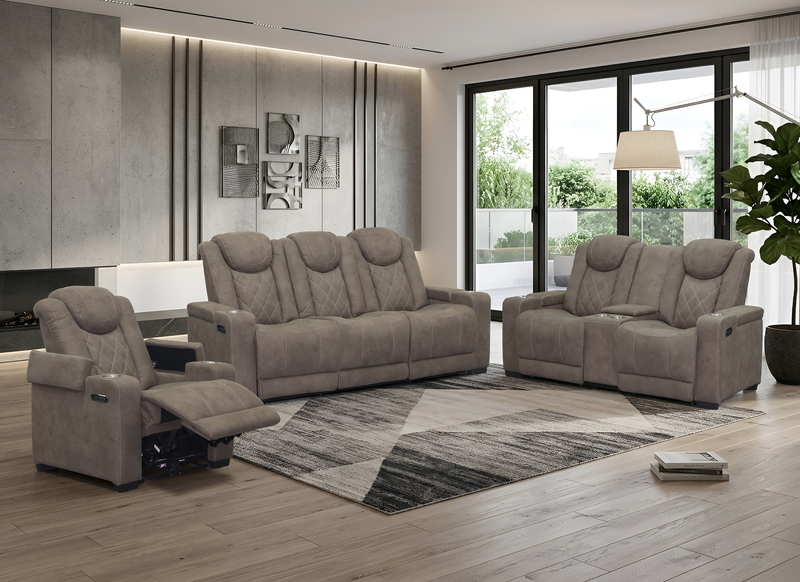 Venture 83.5” Faux Suede Power Reclining Sofa with Power Headrests, Cupholders, and USB Port - Chocolate