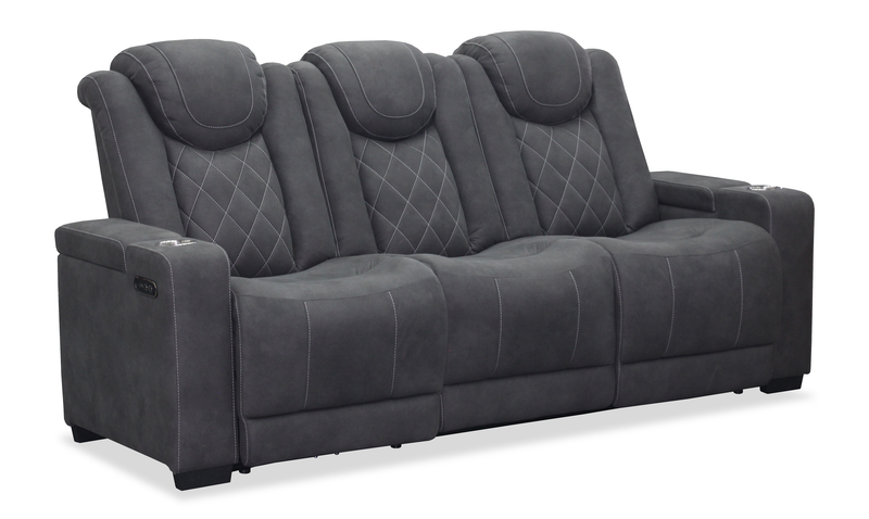 Venture 83.5” Faux Suede Power Reclining Sofa with Power Headrests, Cupholders, and USB Port - Grey
