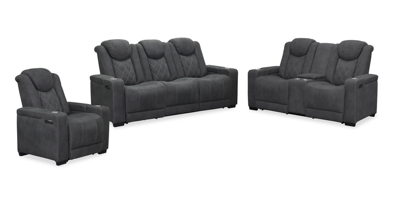 Venture 83.5” Faux Suede Power Reclining Sofa with Power Headrests, Cupholders, and USB Port - Grey
