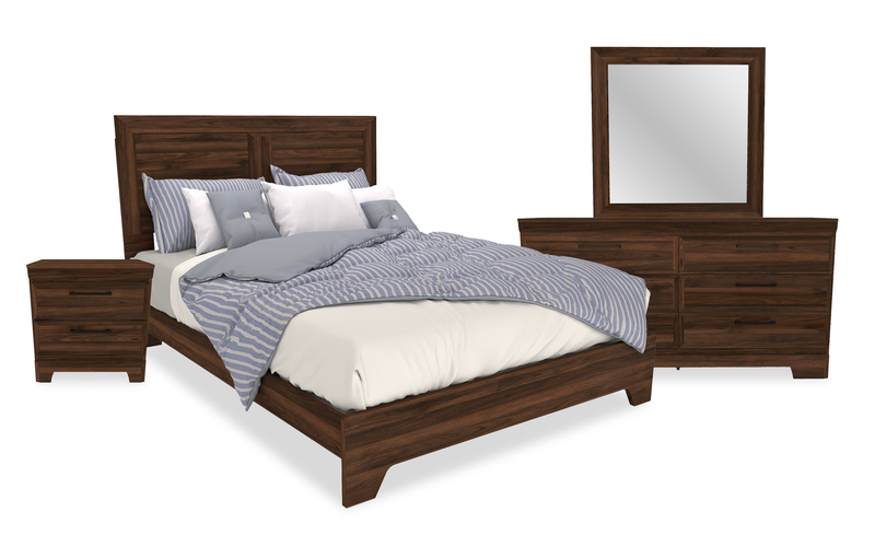 Yorkdale 6pc Bedroom Set with Panel Bed, Dresser, Mirror & Nightstand, Walnut Brown- Queen Size