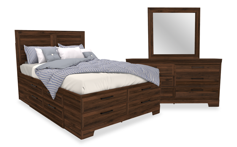 Yorkdale 5pc Bedroom Set with 12-Drawer Storage Bed, Dresser & Mirror, Walnut Brown- Full Size