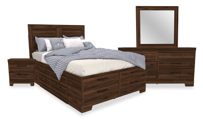 Yorkdale 6pc Set,12-Drawer Bed, Dresser, Mirror & Nightstand, Walnut Brown - Full Size