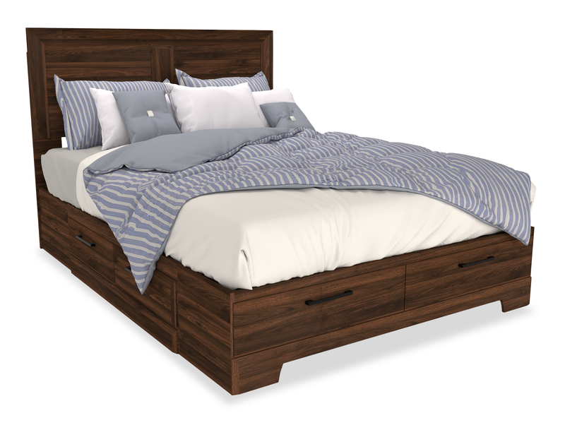 Yorkdale 6-Drawer Platform Bed with Headboard & Storage Frame, Made in Canada, Walnut Brown - Queen Size