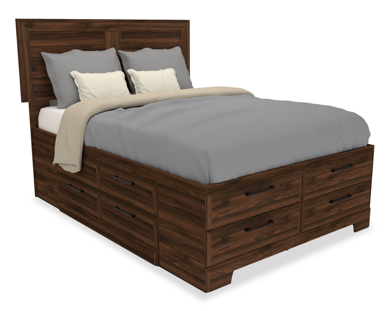 Yorkdale 12-Drawer Platform Bed with Headboard & Storage Frame, Made in Canada, Walnut Brown - Queen Size