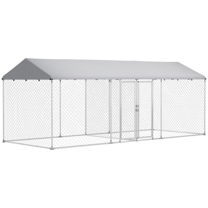 Pawhut Outdoor Dog Kennel With Two Rooms, Heavy Duty Dog Run Outdoor Fence Cage With Waterproof Uv-resistant Cover, Escape-proof Lock, 19.7' X 7.5' X 7.5'