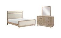 Sasha 5pc Bedroom Set with Fabric Bed, Dresser & Mirror, Natural Oak Brown - Queen Size 