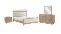 Sasha 6pc Bedroom Set with Fabric Bed, Dresser, Mirror & Nightstand, Natural Oak Brown - King Size 