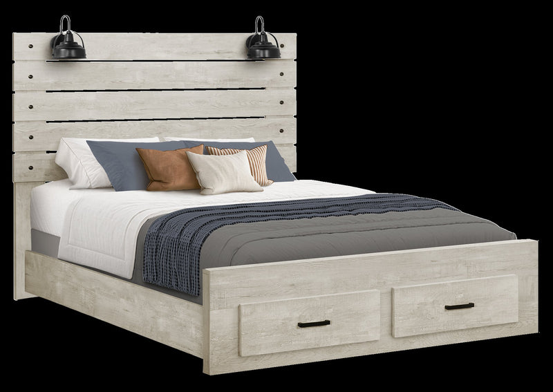 Soren Platform Storage Bed with Slat Headboard & Frame, Built-In LED, Bleached Oak - Queen Size
