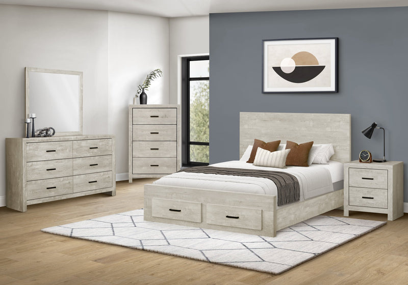 Soren 6pc Bedroom Set with Storage Bed, Dresser, Mirror & Nightstand, Bleached Oak - Queen Size