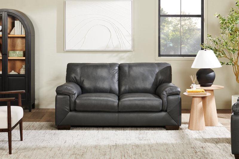 Classico 71\" Genuine Leather Loveseat with Wood Legs – Carbon Grey
