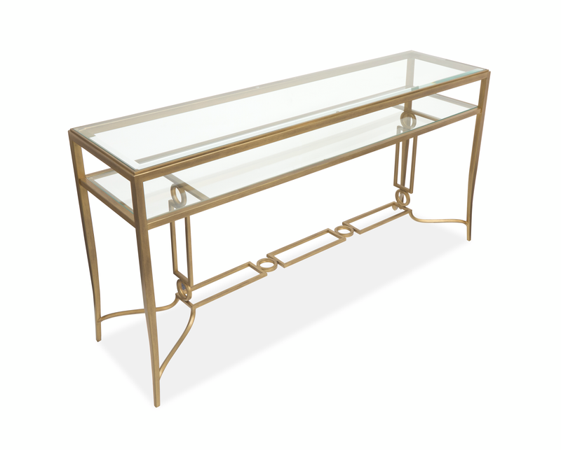 Avondale 60\" Glam Glass Sofa Table with Shelf - Burnished Brass