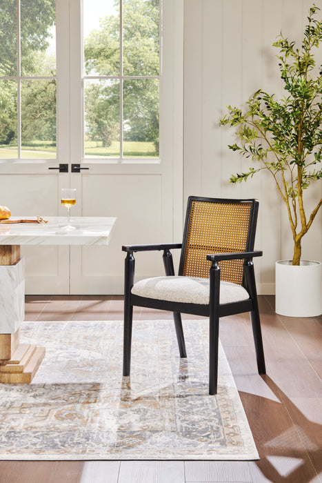 Shaw Dining Arm Chair with Polyester Fabric, Cane-Look Woven Back - Black