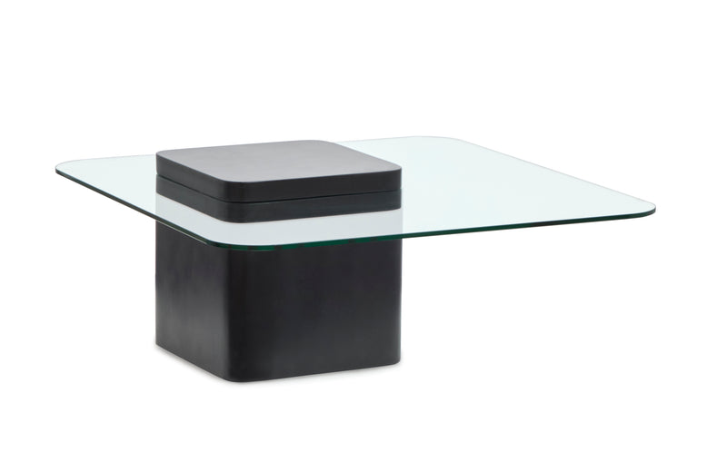 Trevor 35.43” Contemporary Coffee Table with Glass Top & Concrete Base – Obsidian