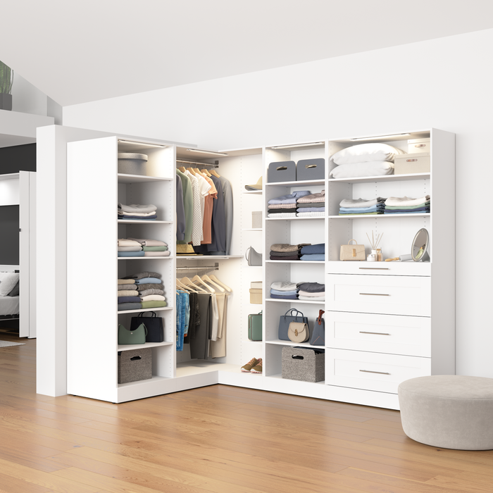Bestar Florence 105\" Modular L-Shaped Walk-In Closet System with LED Lights, Rods, Shelves and Drawers Shaker Style - White