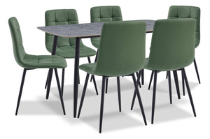 Arlo 7pc Dining Set with Table & 6 Green Chairs, Sintered Stone & Metal, 55