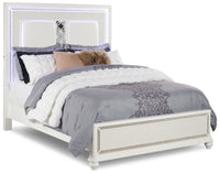 Ava Panel Bed with Headboard & Frame, LED, Glam, White - Queen Size 