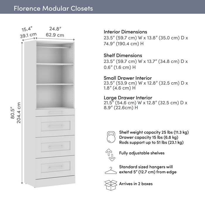 Bestar Florence 25\" Modular Reach-In/Walk-In Closet System Tower with Shelves and 4 Drawers Shaker Style - White