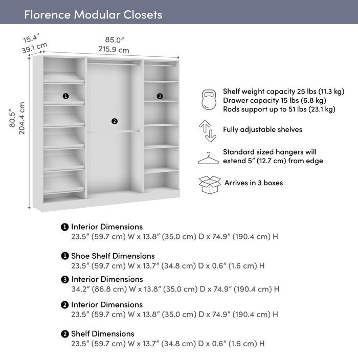 Bestar Florence 85\" Modular Reach-In/Walk-In Closet System with Rods and Shoe Shelves - White